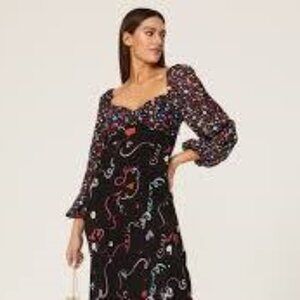 RIXO Dress Black Confetti Print Midi Long Puff Sleeve Lightweight Size L US 10
